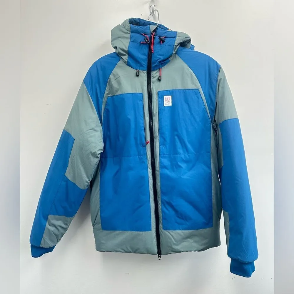 Topo Design Men's Mountain Puffer Hoodie Jacket Coat in Blue/slate Gray Size S